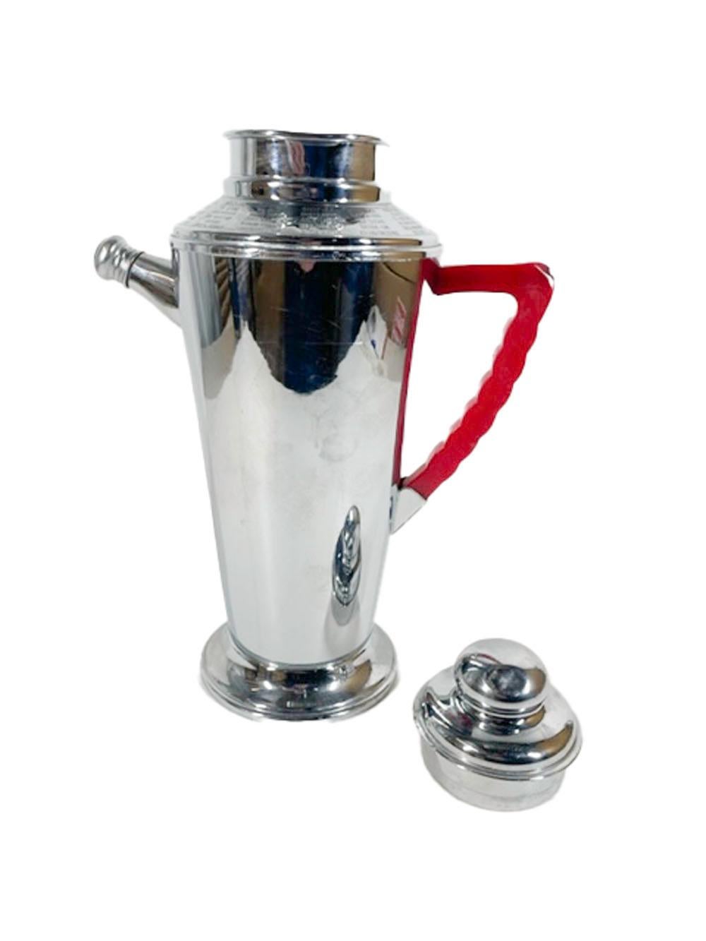 20th Century Art Deco Chrome Recipe Cocktail Shaker with Red Bakelite Handle Marked N.S. Co. For Sale