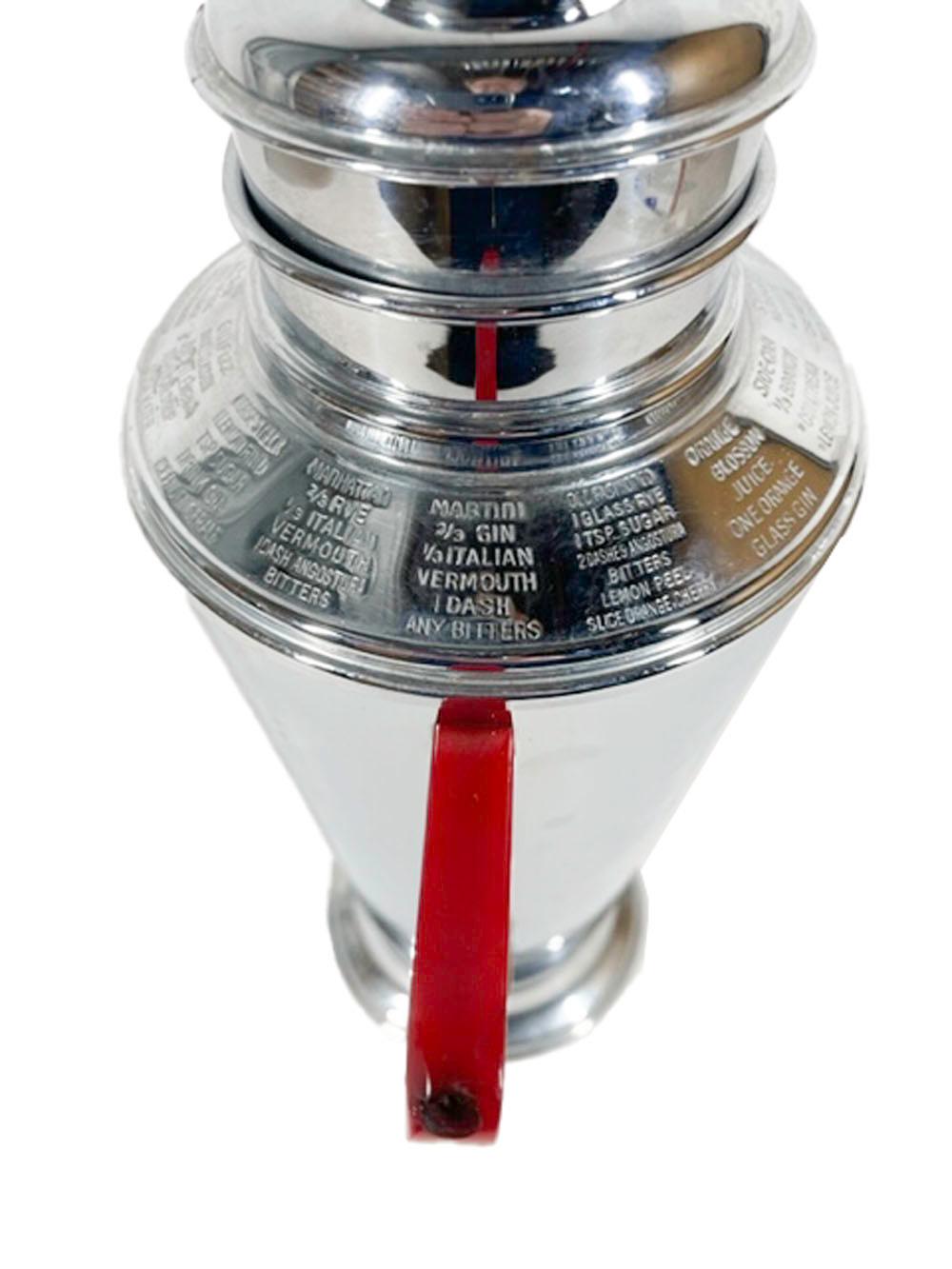 Art Deco Chrome Recipe Cocktail Shaker with Red Bakelite Handle Marked N.S. Co. For Sale 1