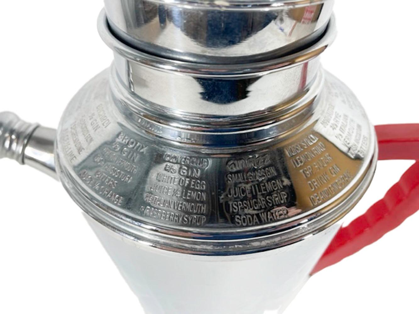 Art Deco Chrome Recipe Cocktail Shaker with Red Bakelite Handle Marked N.S. Co. For Sale 4