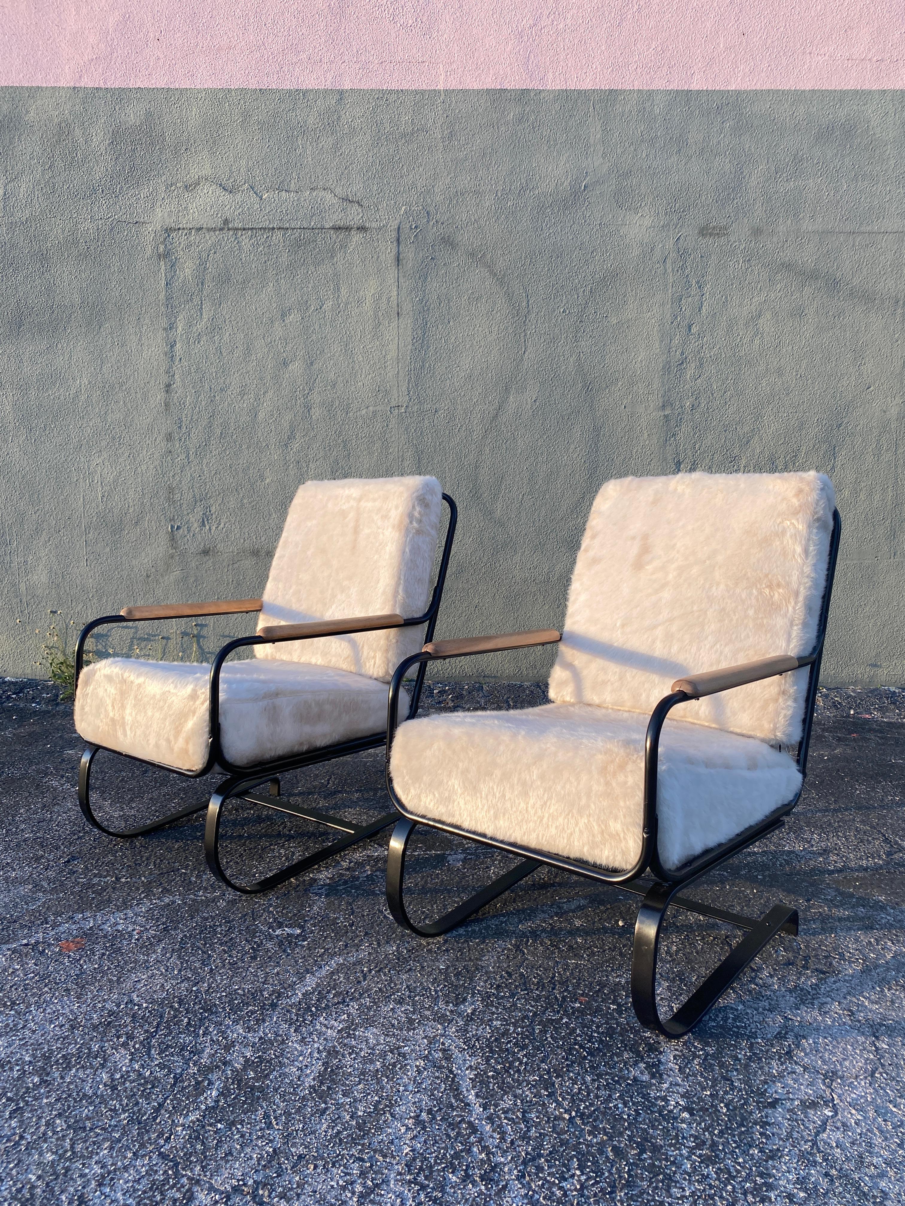 Upholstery Art Deco Chrome 'Springer 'Chair in the Style of KEM Weber, Set of 2
