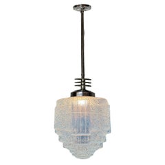 Art Deco Chrome Streamline Pendant Light w/ Skyscraper Cobalt Blue Glass Shade
