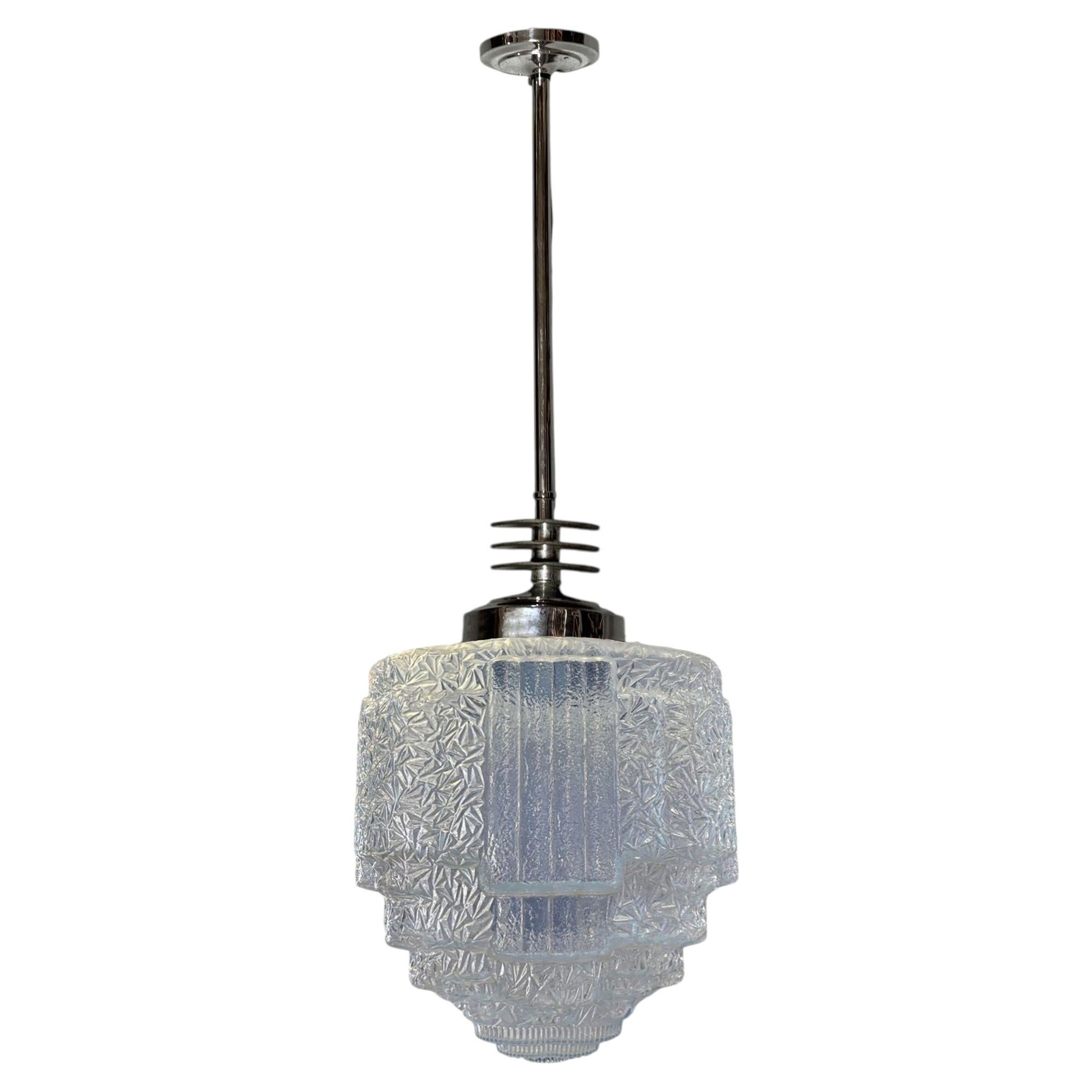 Art Deco Chrome Streamline Pendant Light w/ Skyscraper Cobalt Blue Glass Shade For Sale