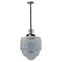 Art Deco Chrome Streamline Pendant Light w/ Skyscraper Cobalt Blue Glass Shade
