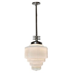 Art Deco Chrome Streamline Pendant Light w/ Stepped Milk Glass Shade