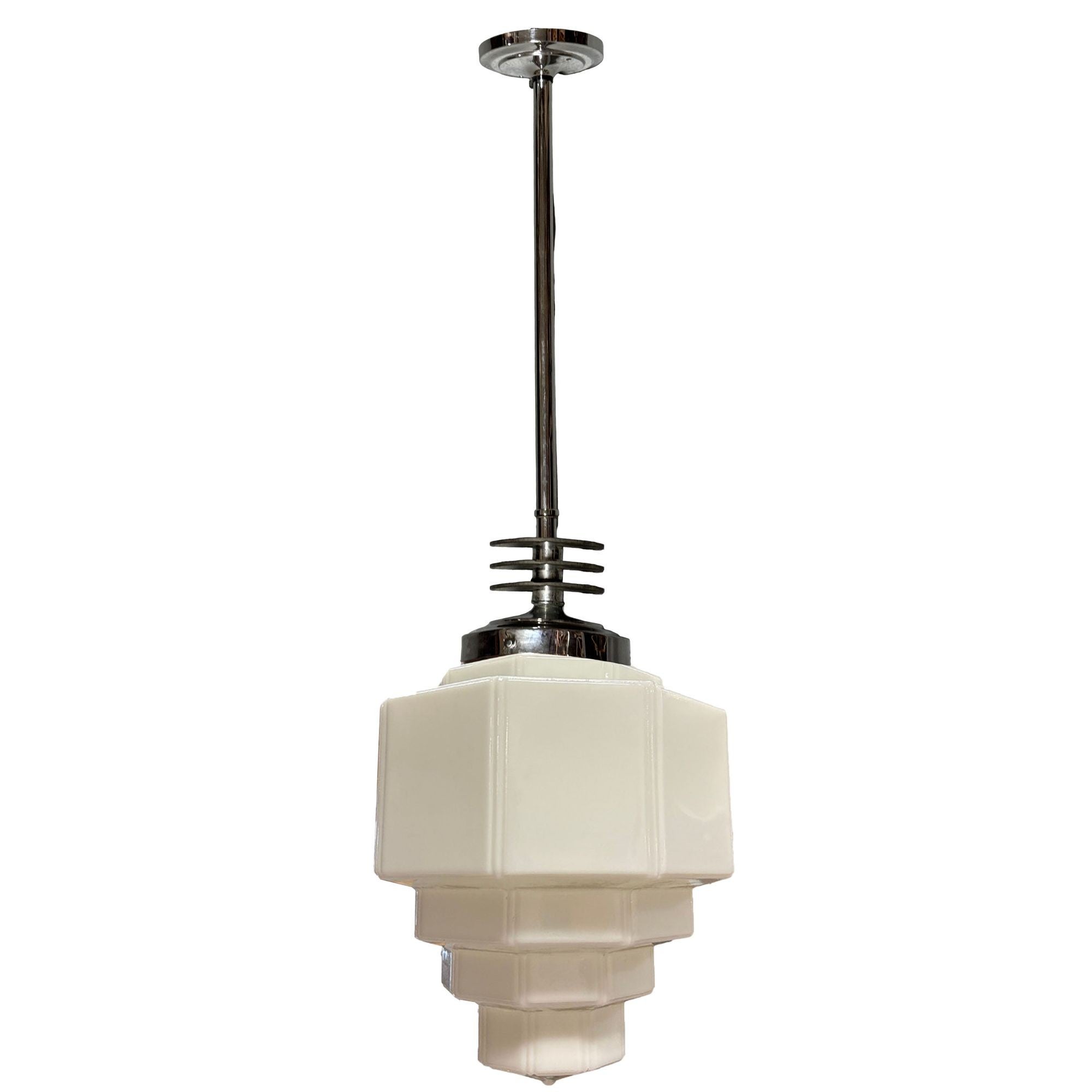 Art Deco Chrome Streamline Pendant Light w/ Stepped Milk Glass Shade