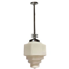 Art Deco Chrome Streamline Pendant Light w/ Stepped Milk Glass Shade