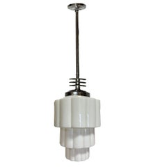 Art Deco Chrome Streamline Pendant Light w/ Stepped Milk Glass Skyscraper Shade