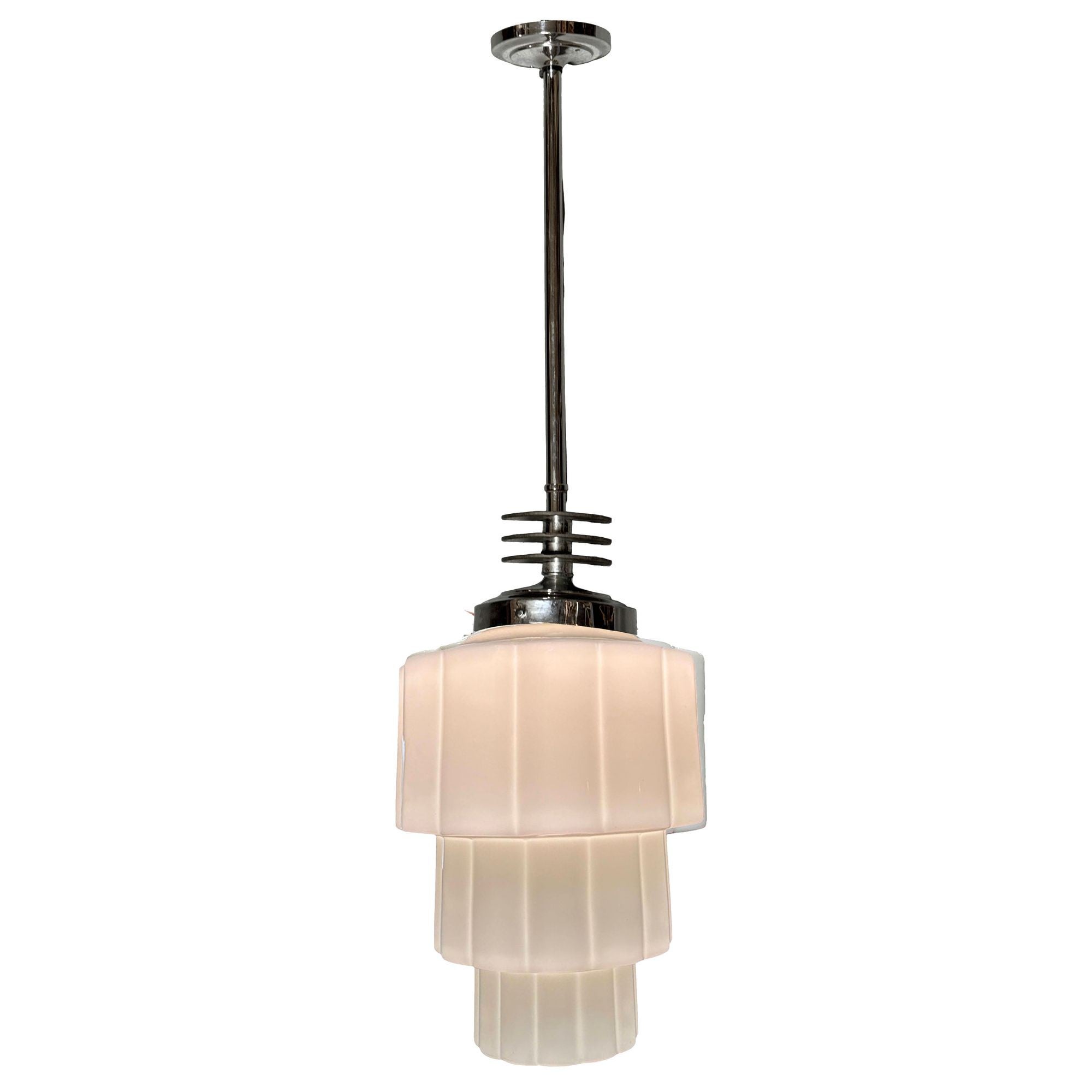 Art Deco Chrome Streamline Pendant Light w/ Stepped Milk Glass Skyscraper Shade