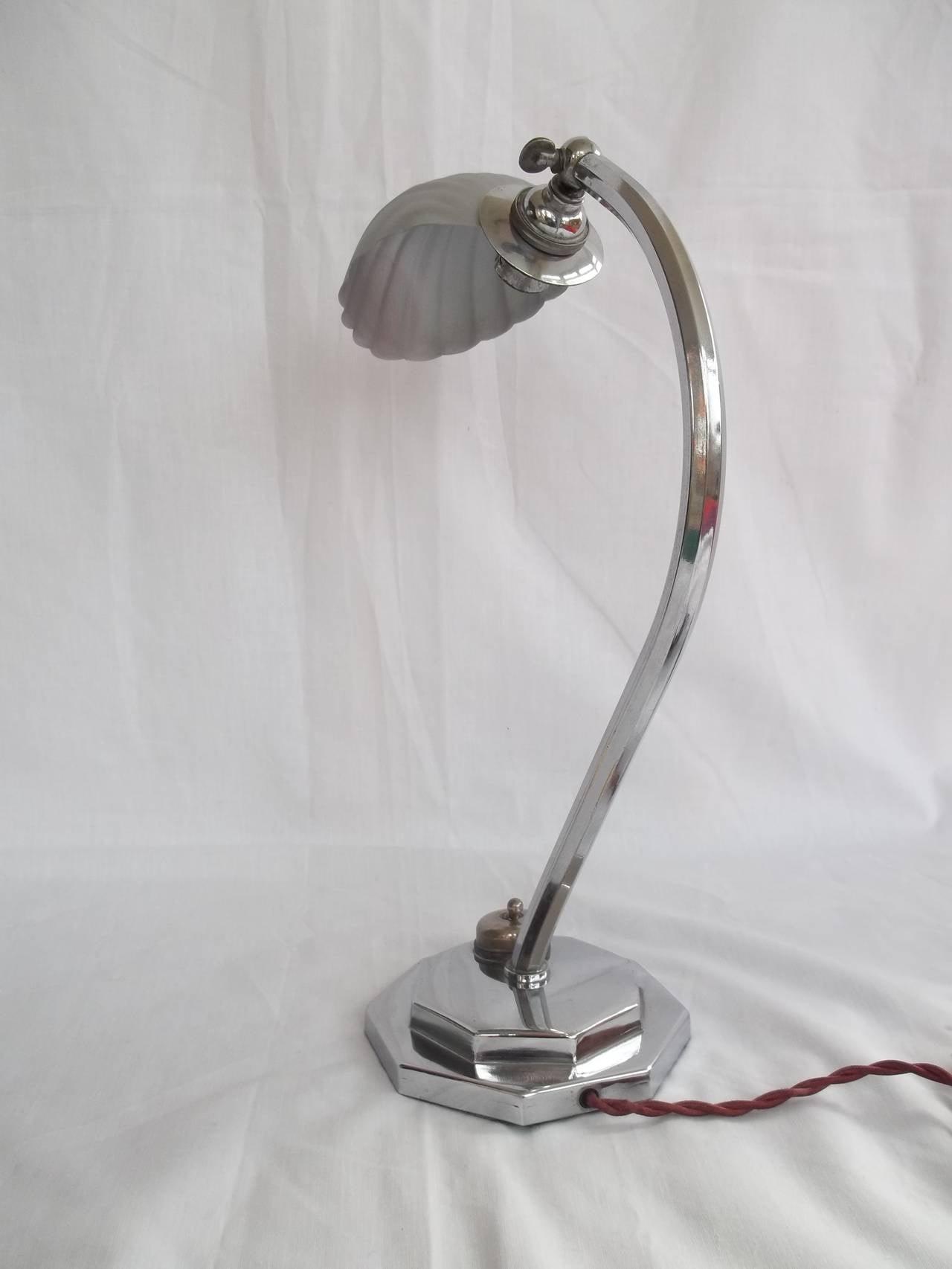 British Art Deco Chrome Table or Desk Lamp all adjustable with Shell Shade, circa 1920s