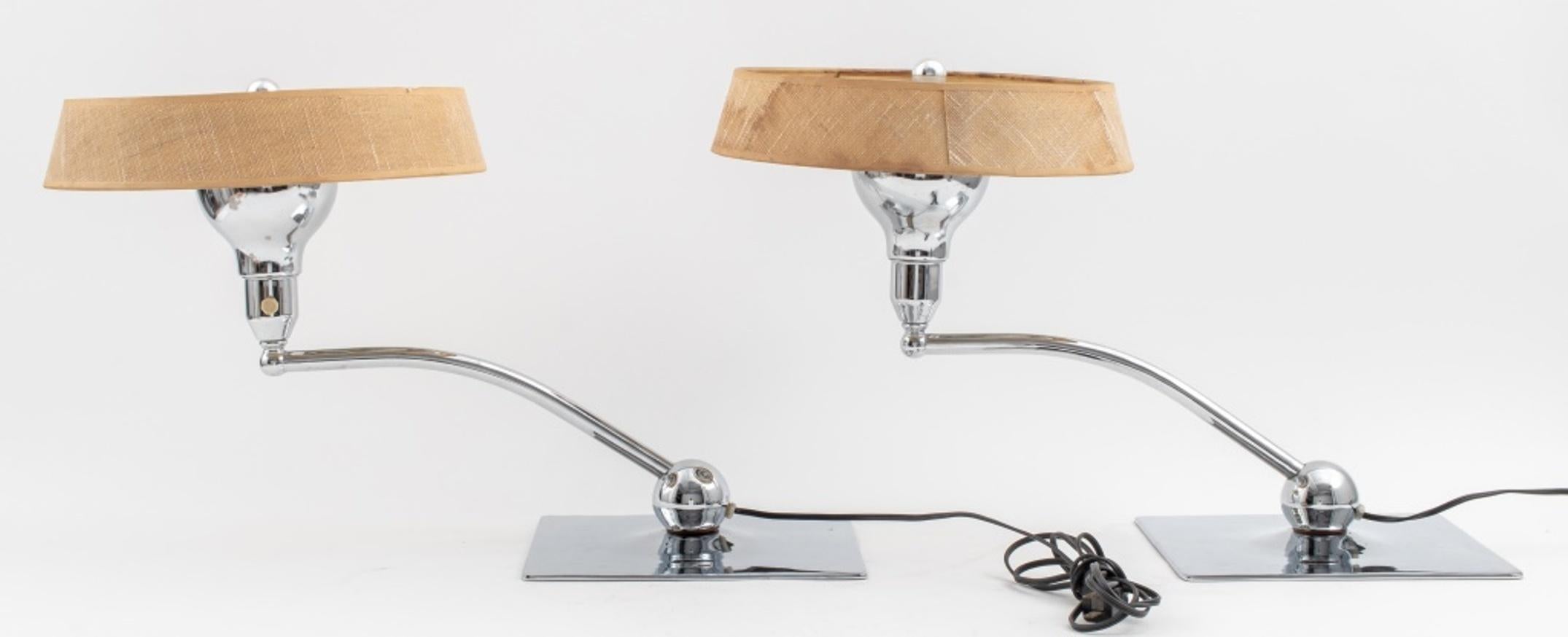 Art Deco Chrome Table Lamps with Linen Shades, Pair In Good Condition In New York, NY