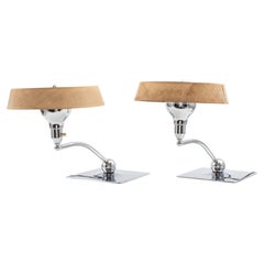 Vintage Art Deco Chrome Table Lamps with Linen Shades, Pair