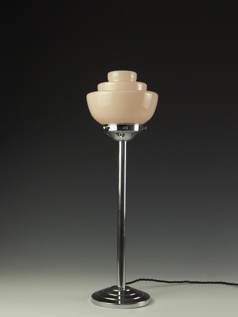 Art Deco Chrome Tall Elegant Table Lamp with Art Deco Pink Globe at 1stDibs