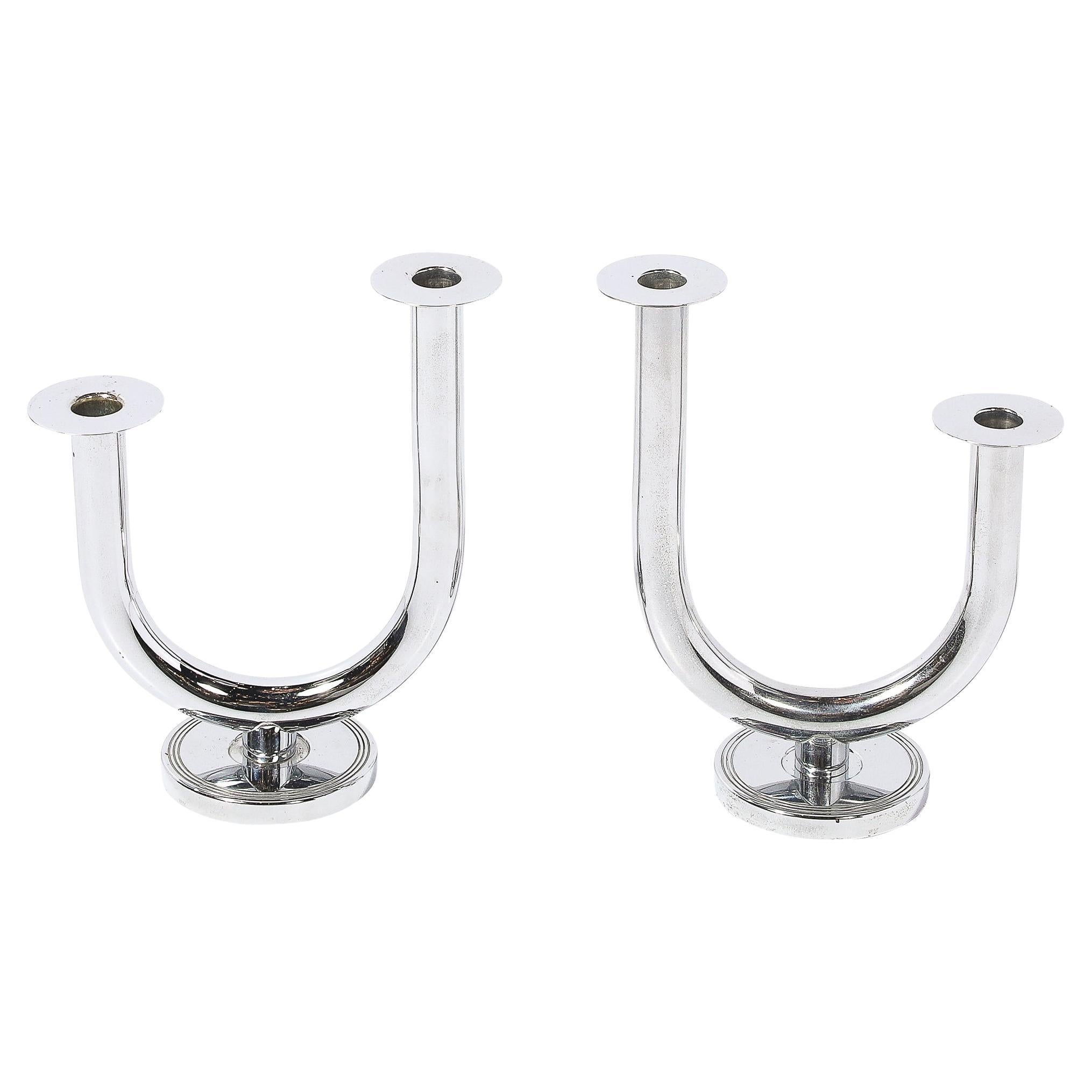 Art Deco Chrome "Taurex" Candlestick Holders by Walter Von Nessen for Chase