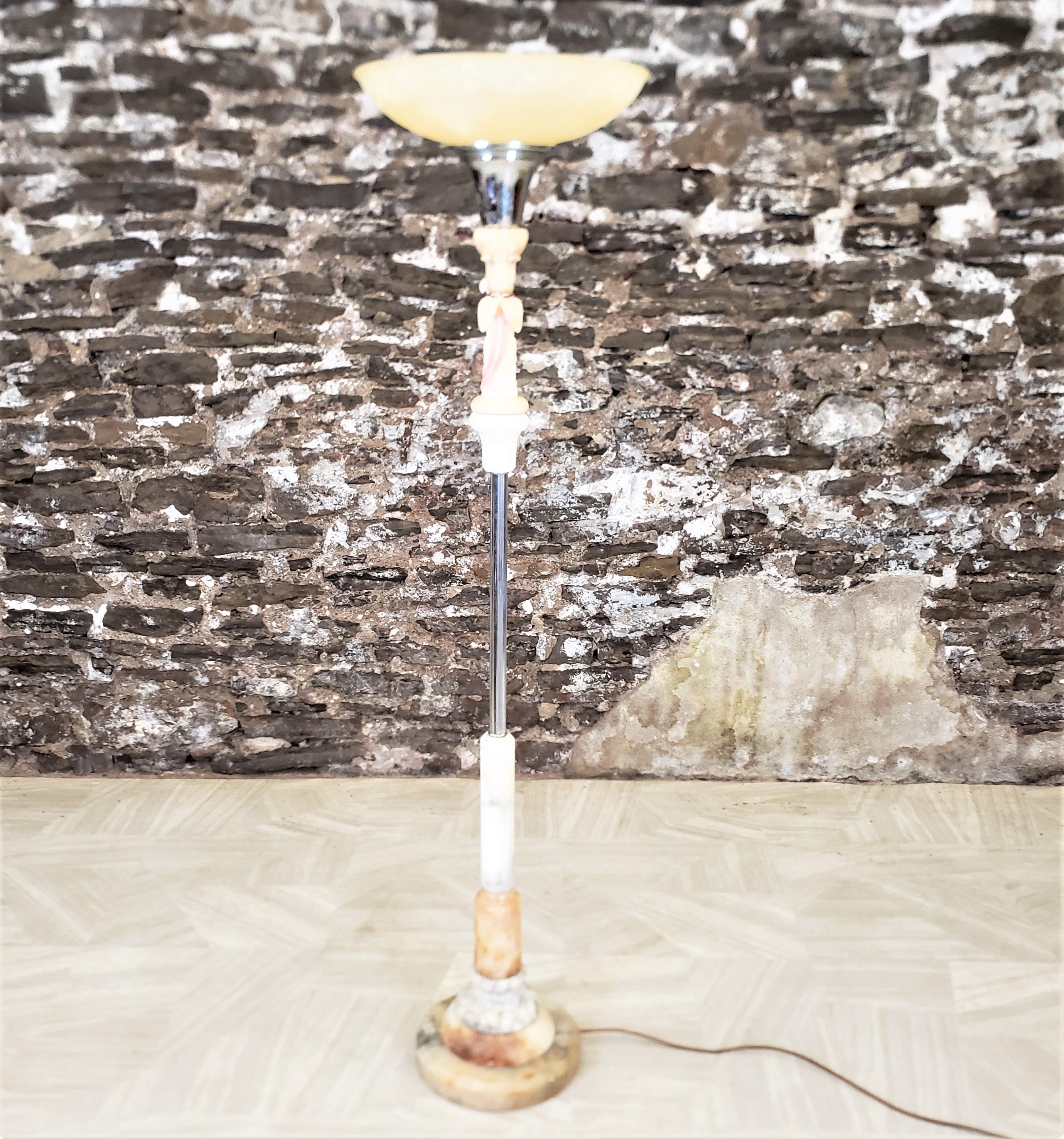 Glass Art Deco Chrome Torchiere Floor Lamp with a Carved Parrot & Stacked Marble Base For Sale