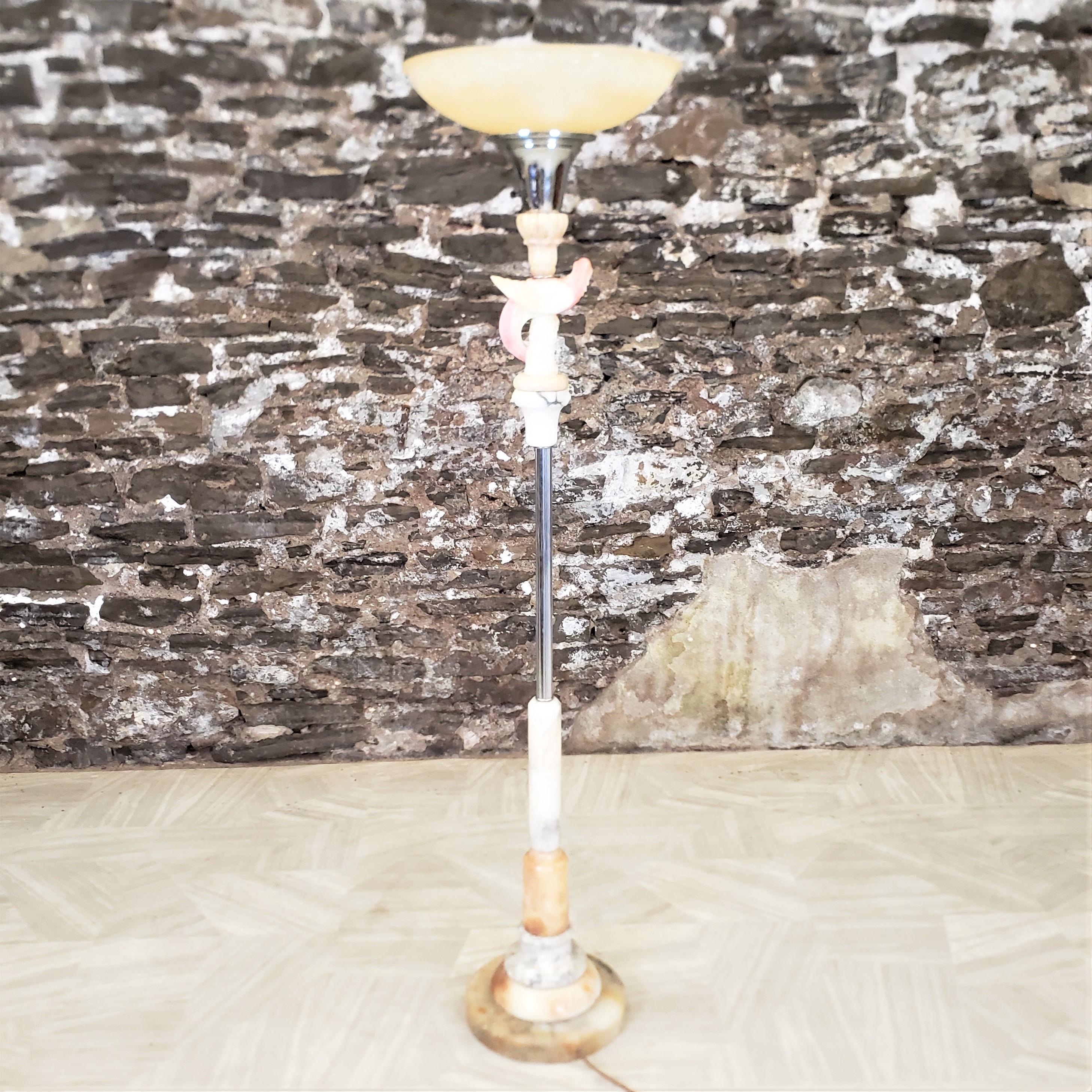 Art Deco Chrome Torchiere Floor Lamp with a Carved Parrot & Stacked Marble Base For Sale 2