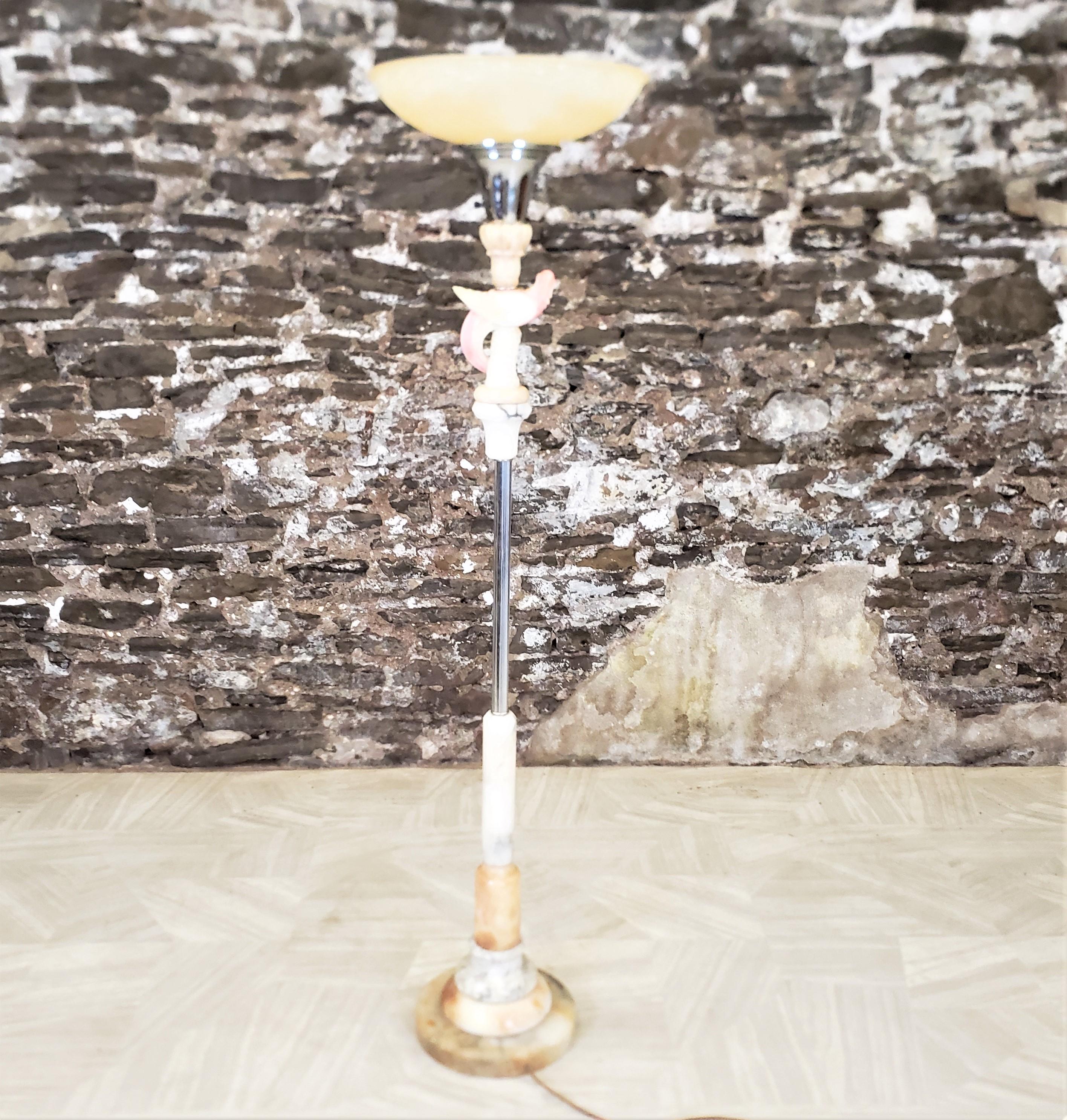 Art Deco Chrome Torchiere Floor Lamp with a Carved Parrot & Stacked Marble Base For Sale 3