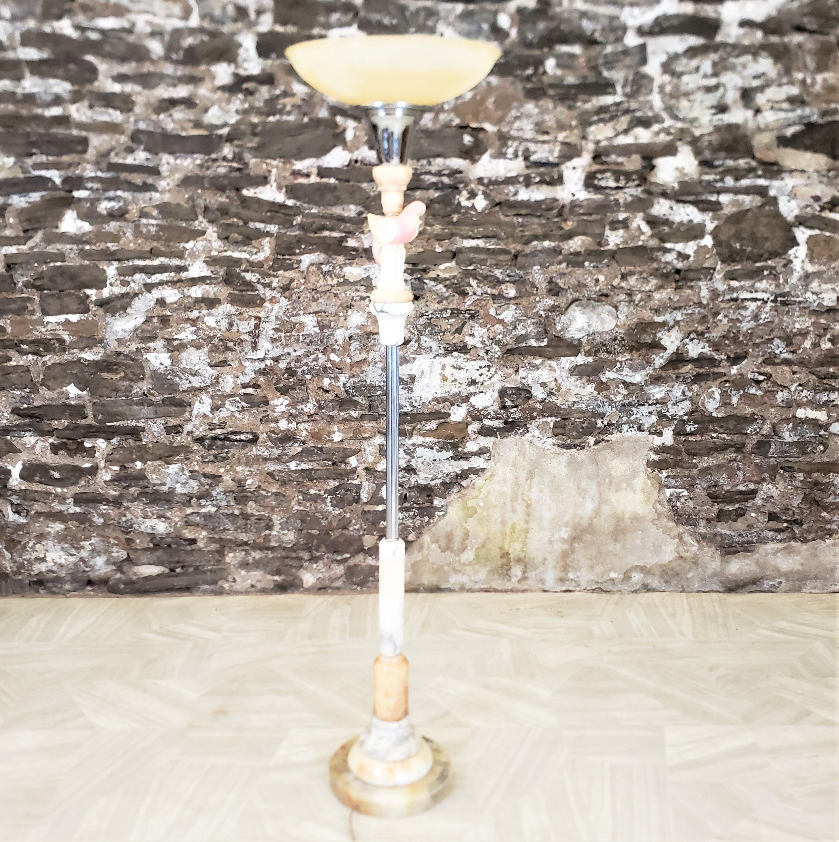 Art Deco Chrome Torchiere Floor Lamp with a Carved Parrot & Stacked Marble Base For Sale 4