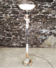 Art Deco Chrome Torchiere Floor Lamp with a Carved Parrot & Stacked Marble Base