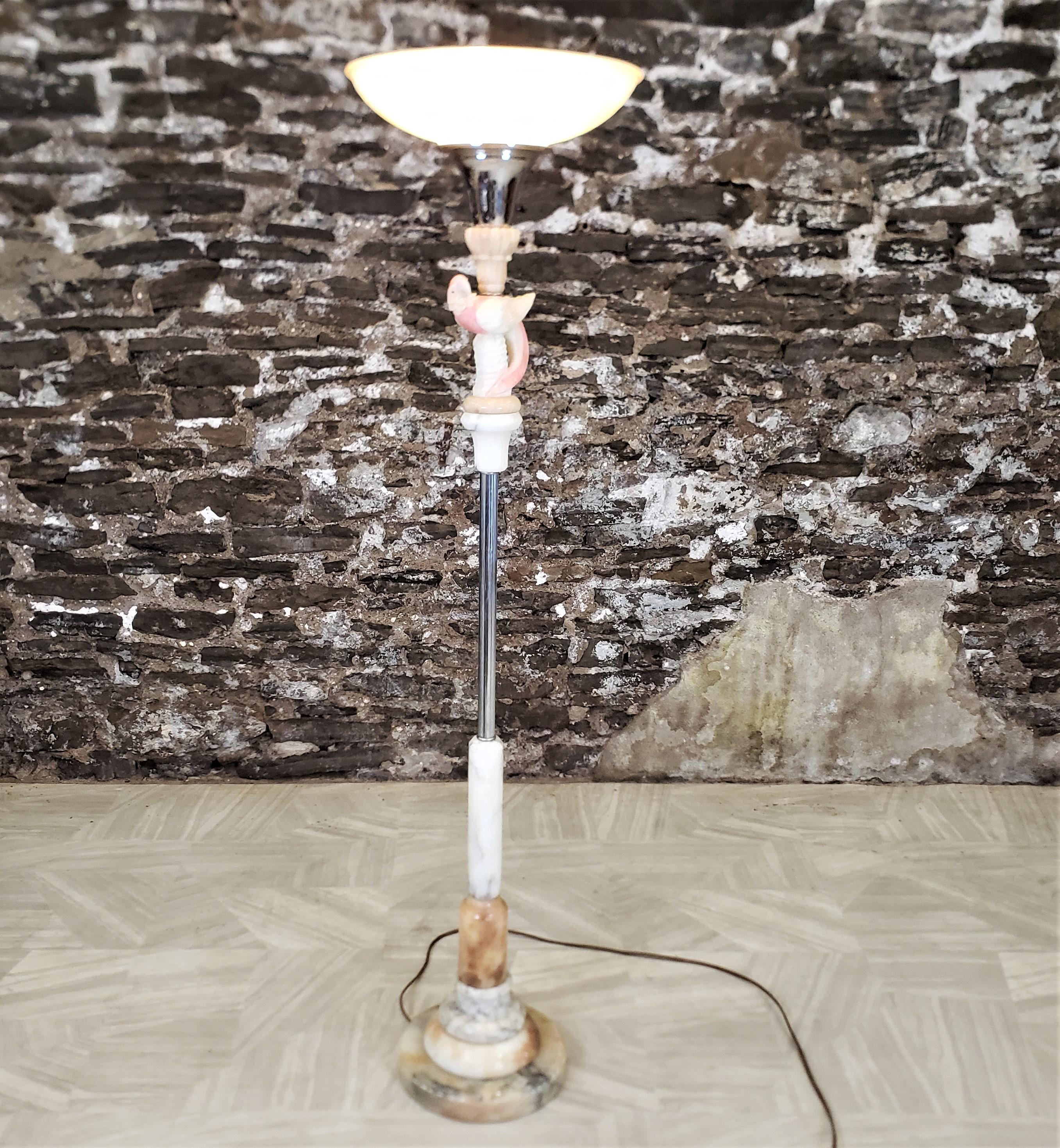 American Art Deco Chrome Torchiere Floor Lamp with a Carved Parrot & Stacked Marble Base For Sale