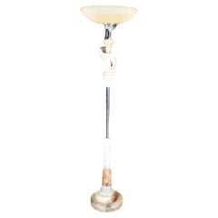 Art Deco Chrome Torchiere Floor Lamp with a Carved Parrot & Stacked Marble Base
