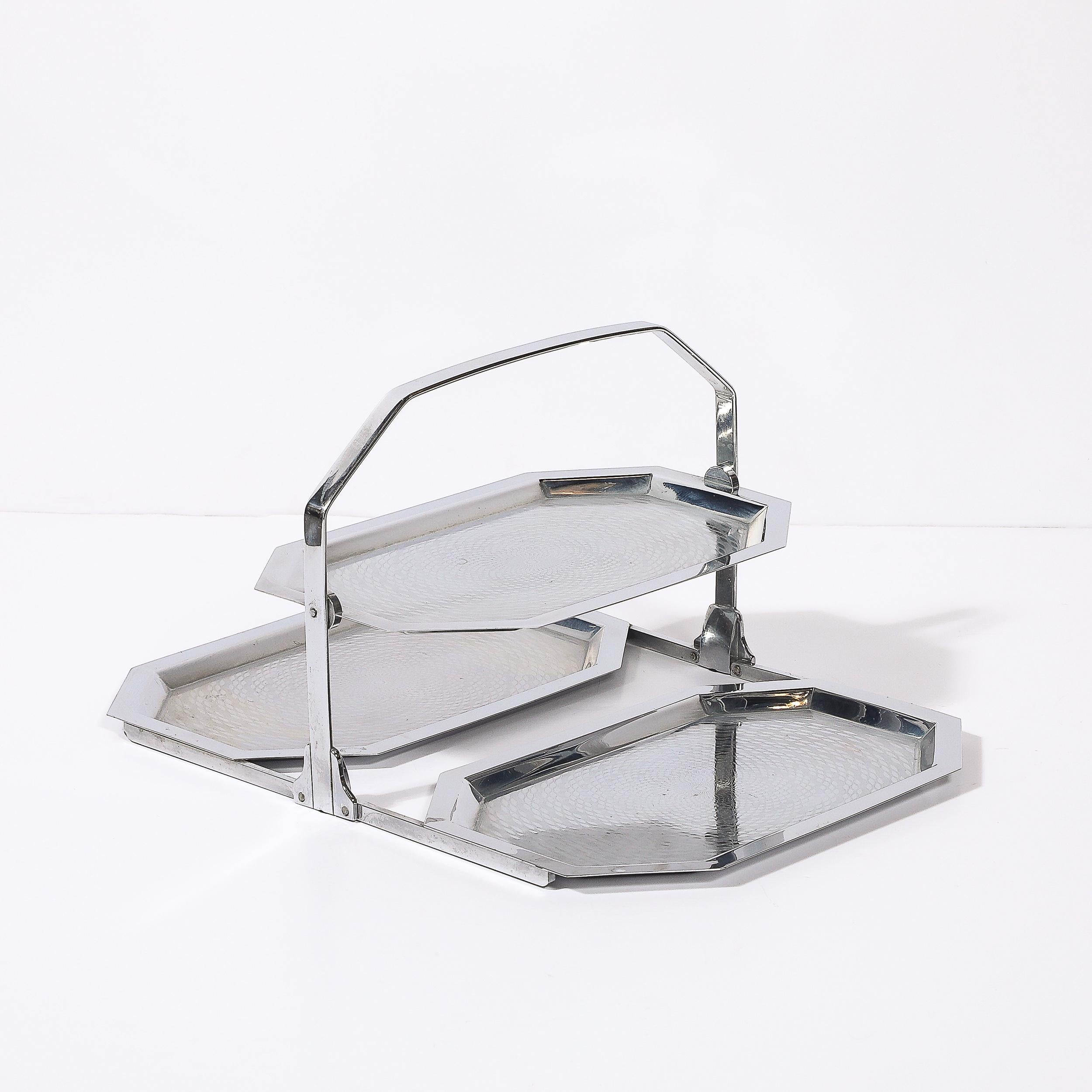 Art Deco Chrome Tri-Surface Octagonal Folding Tray with Engine Turn Detailing In Excellent Condition In New York, NY
