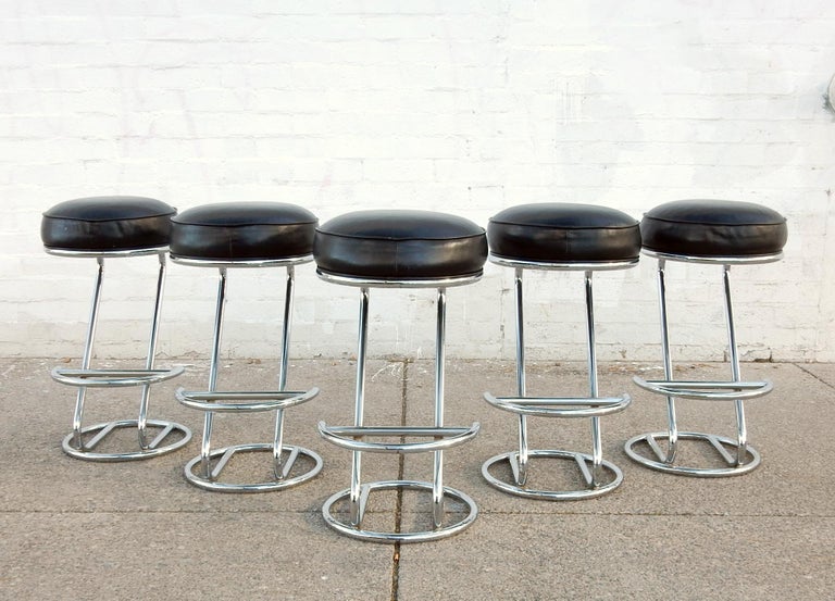 Art Deco Chrome Tube and Leather Bar Stools, Set of 5 For Sale at 1stDibs