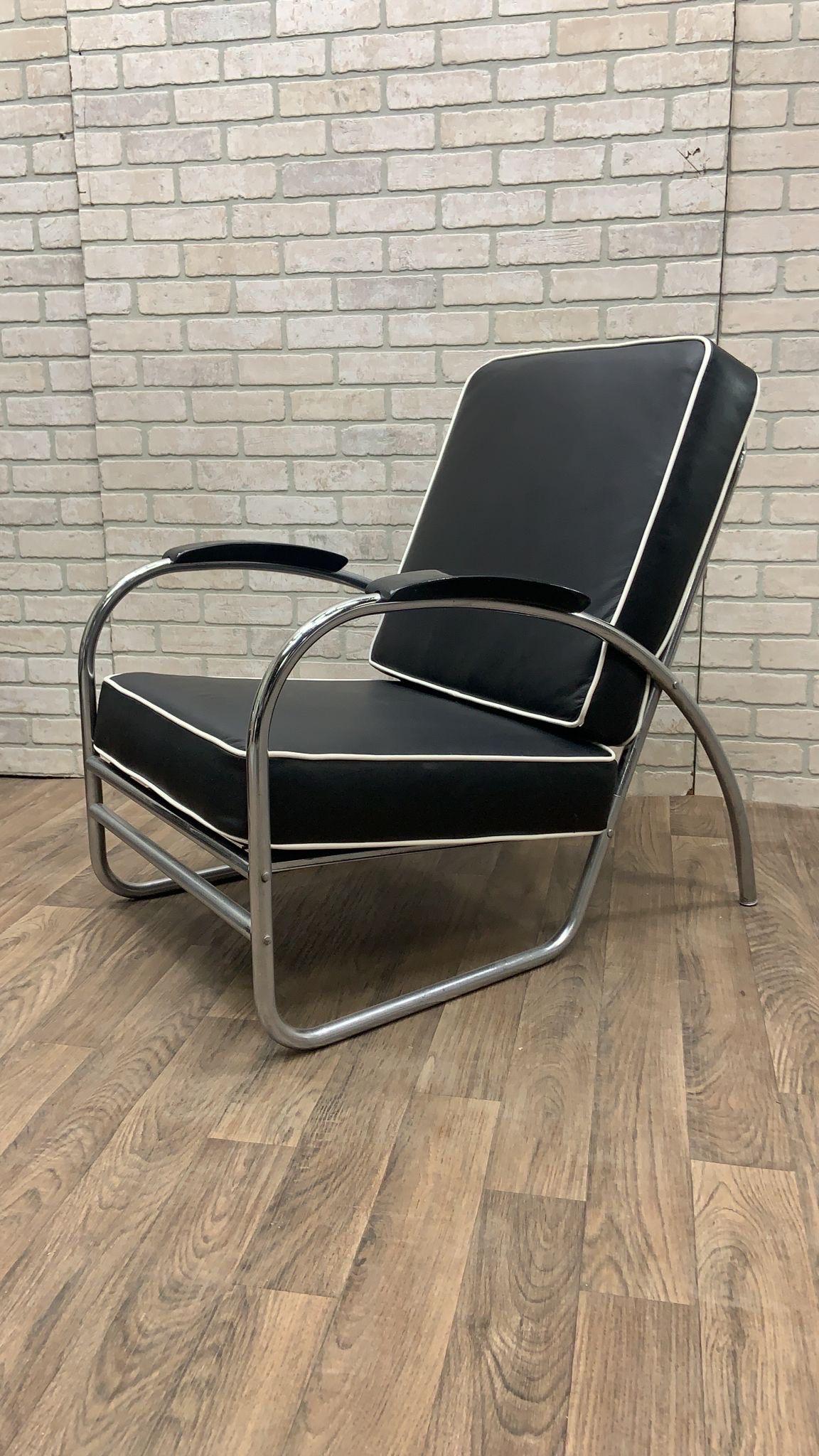 American Art Deco Chrome Tubular Sofa & Lounge Chair Set in Black Leather by Kem Weber For Sale