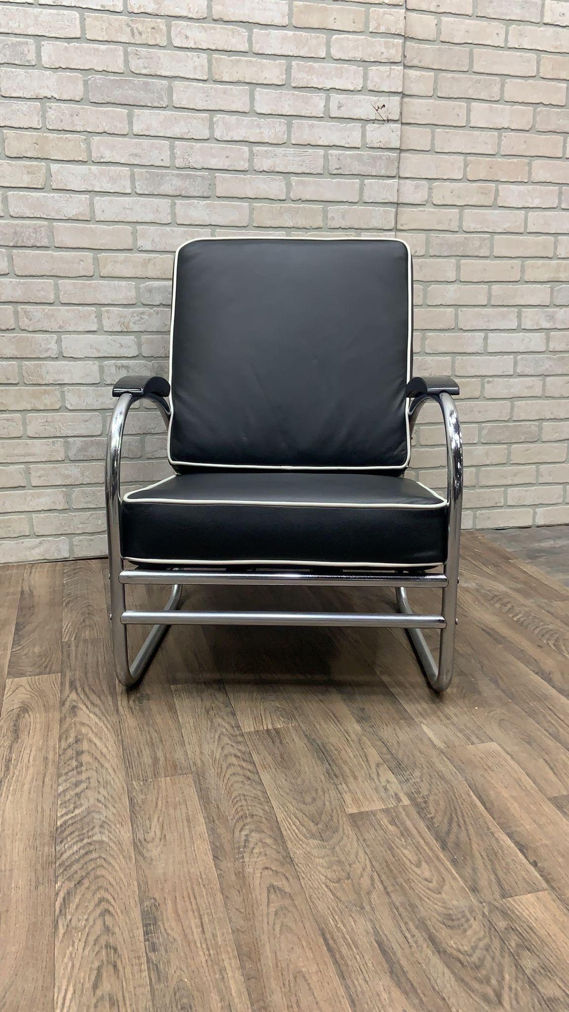 Art Deco Chrome Tubular Sofa & Lounge Chair Set in Black Leather by Kem Weber In Good Condition For Sale In Chicago, IL