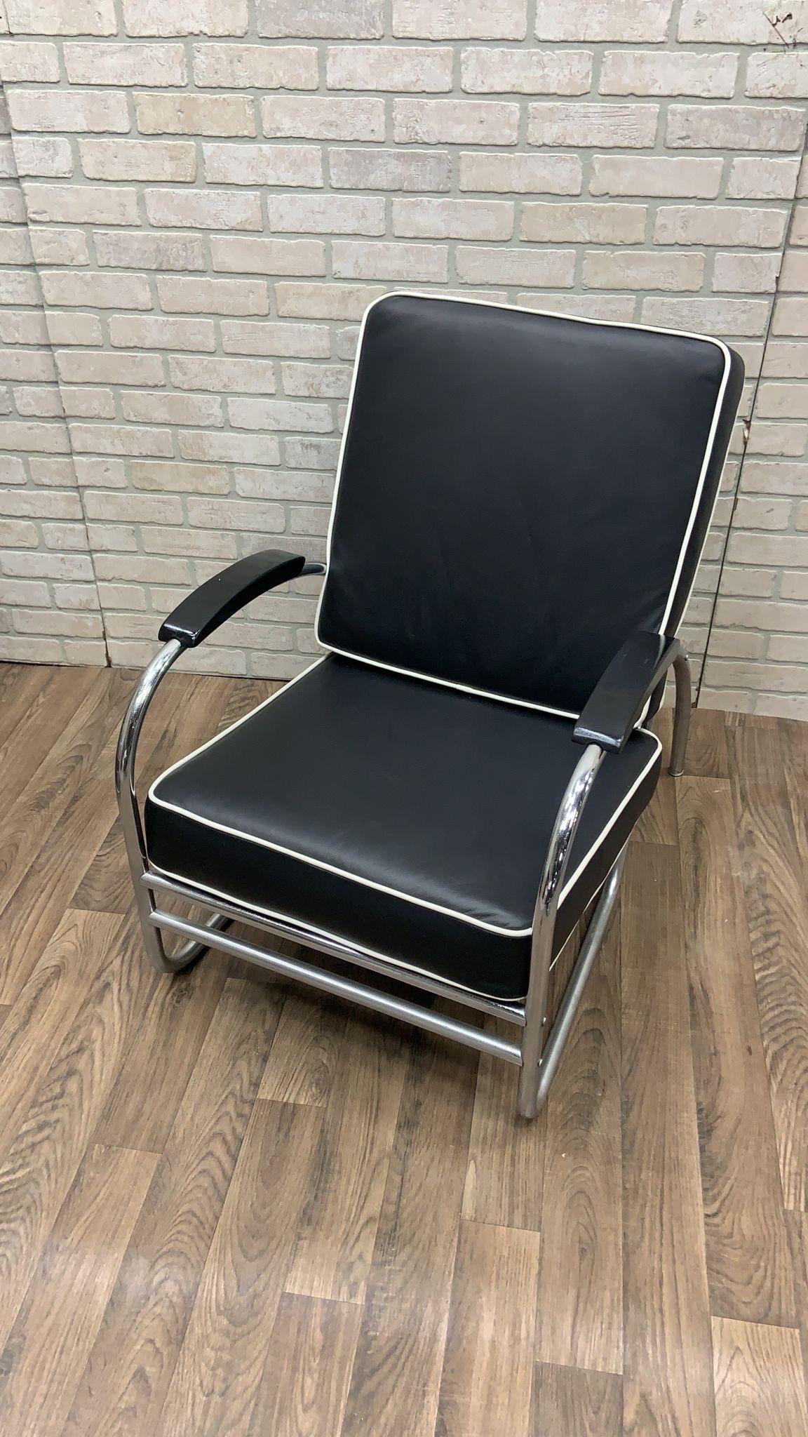 American Art Deco Chrome Tubular Sofa & Lounge Chair Set in Black Leather by Kem Weber For Sale