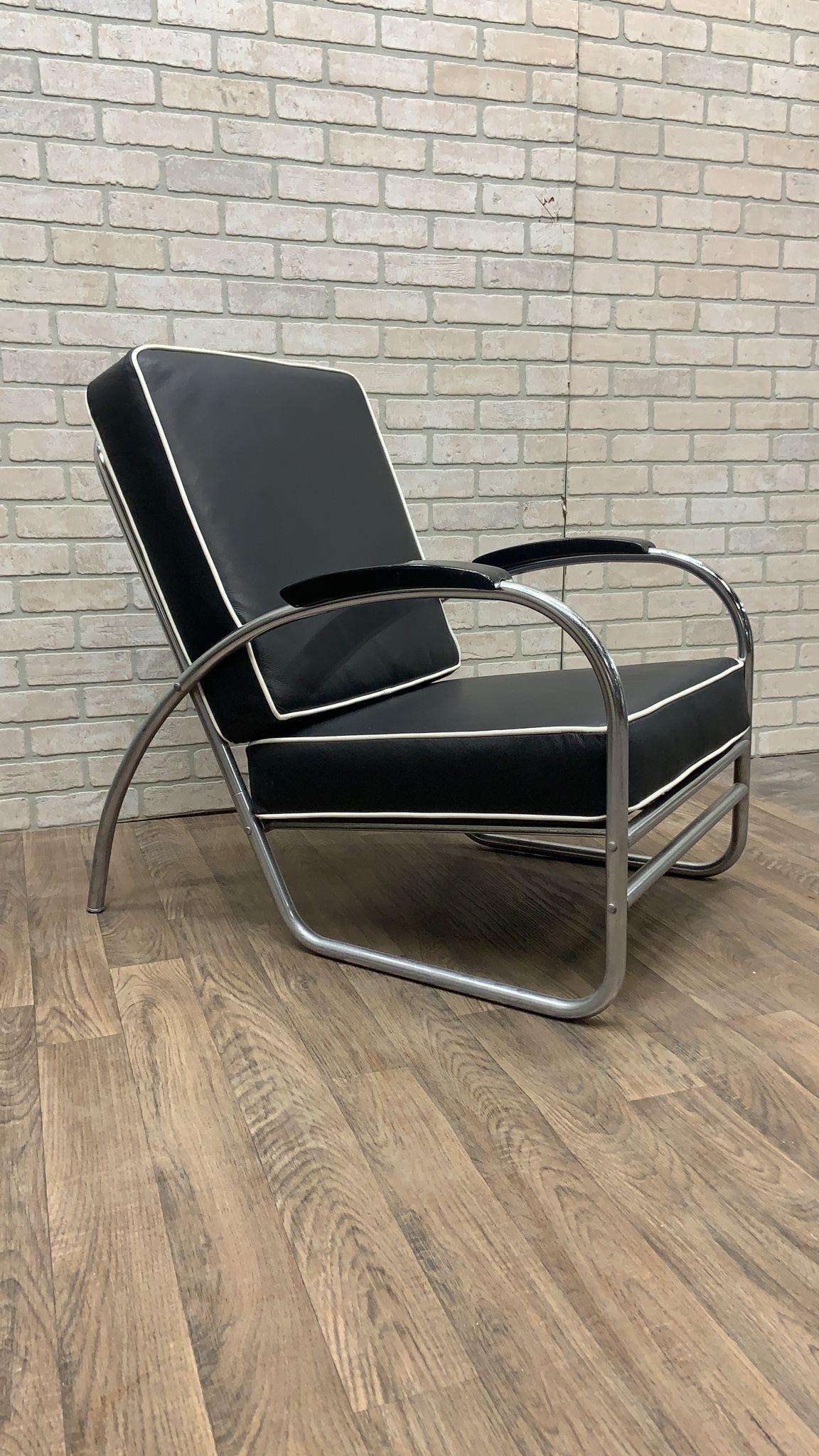 Art Deco Chrome Tubular Sofa & Lounge Chair Set in Black Leather by Kem Weber For Sale 1