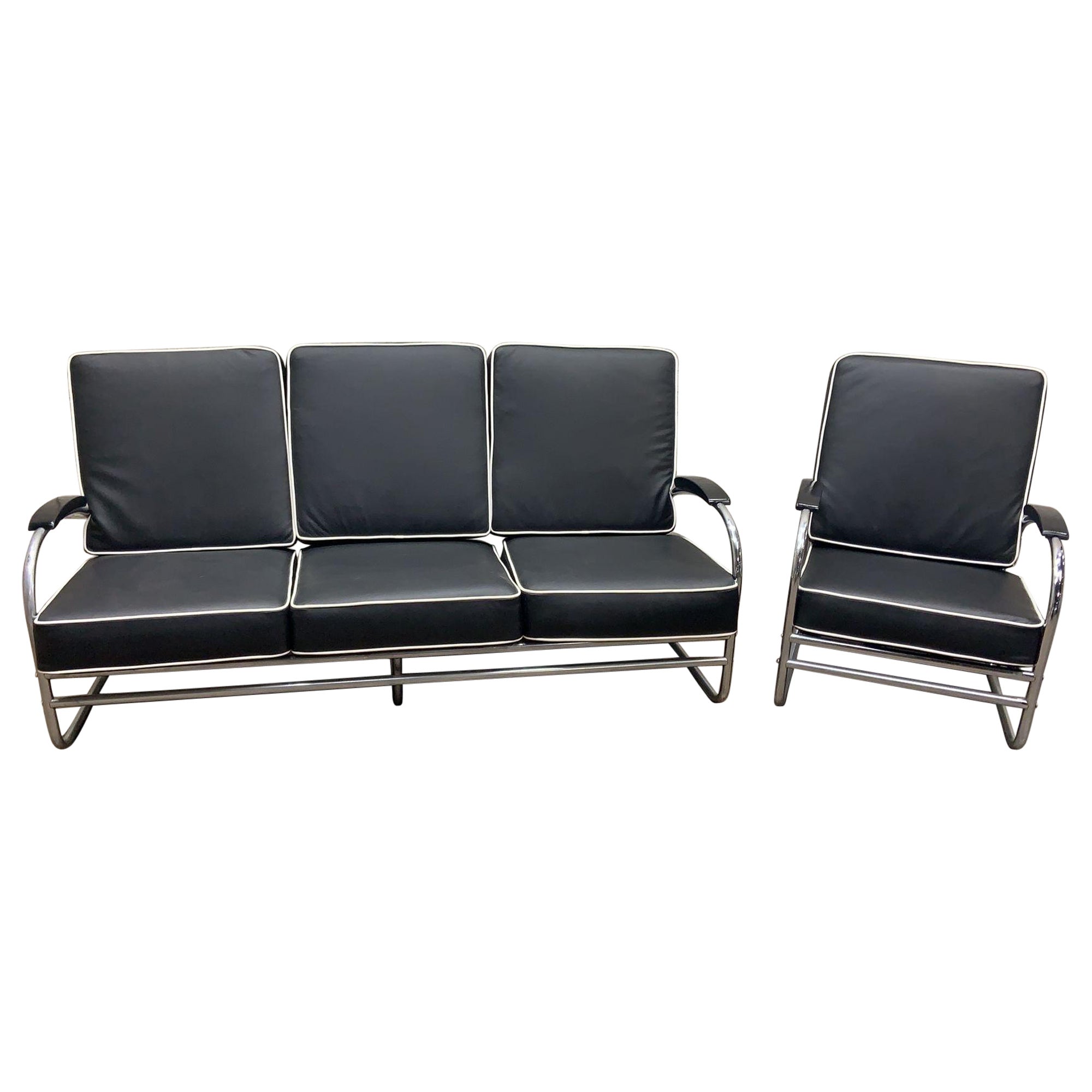 Art Deco Chrome Tubular Sofa & Lounge Chair Set in Black Leather by Kem Weber