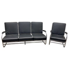 Art Deco Chrome Tubular Sofa & Lounge Chair Set in Black Leather by Kem Weber