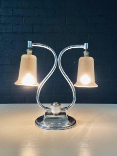 Art Deco Chrome Twin Arm Desk Lamp w/ Frosted Glass Shades