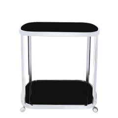Art Deco Chrome Two-Tier Rolling Serving Cart with Inset Black Vitrolite