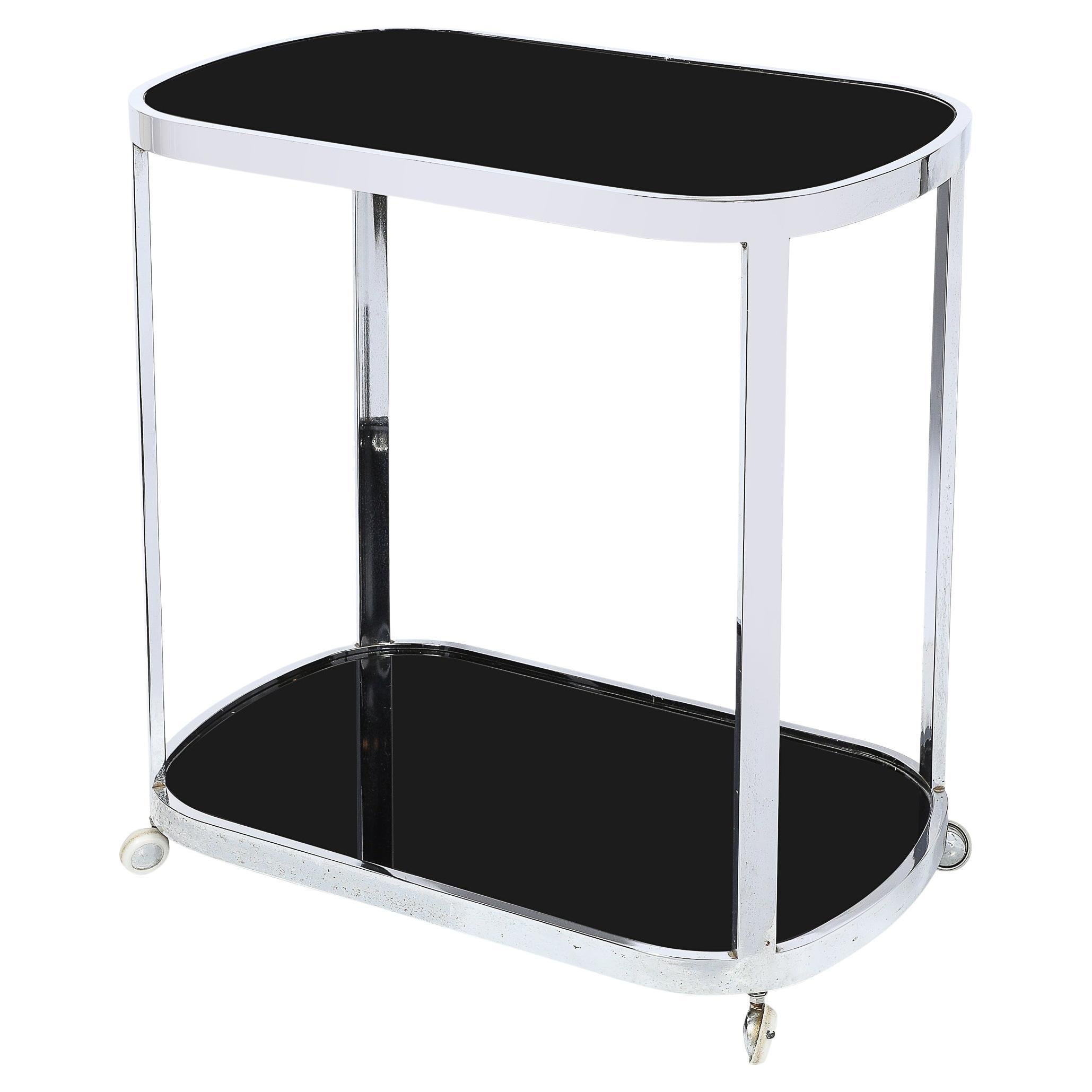Art Deco Chrome Two-Tier Rolling Serving Cart with Inset Black Vitrolite For Sale