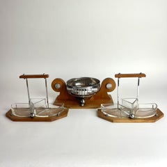 Art Deco Chrom-, Nussbaum- und Glasservice mit Schale und Soßenständer, 1920er Jahre