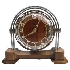 Retro Art Deco Chrome & Walnut Electric Mantle Clock, c1930