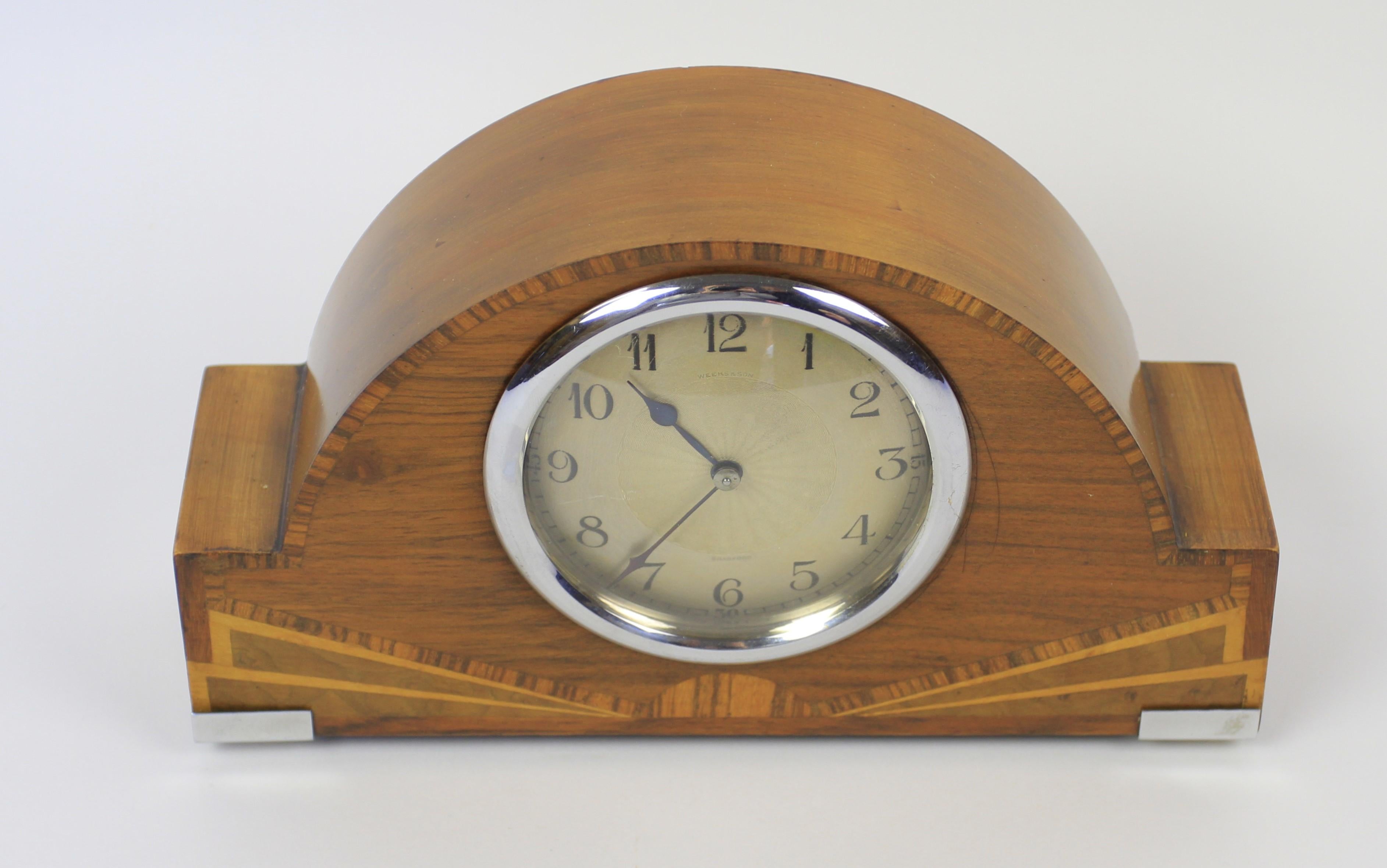 Art Deco Chrome & Walnut  inlaid Mantel clock  For Sale 2