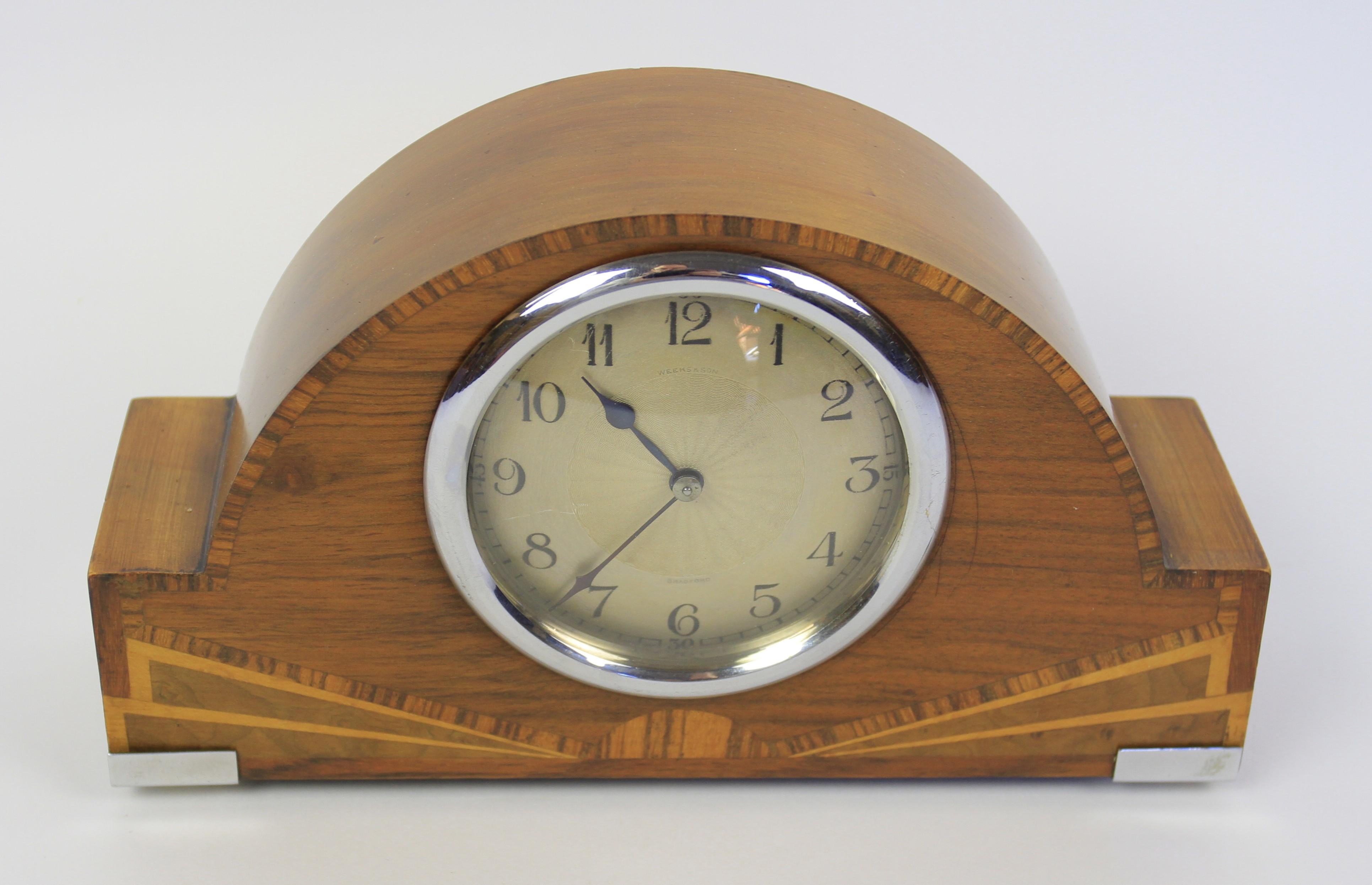 Art Deco Chrome & Walnut  inlaid Mantel clock  For Sale 3