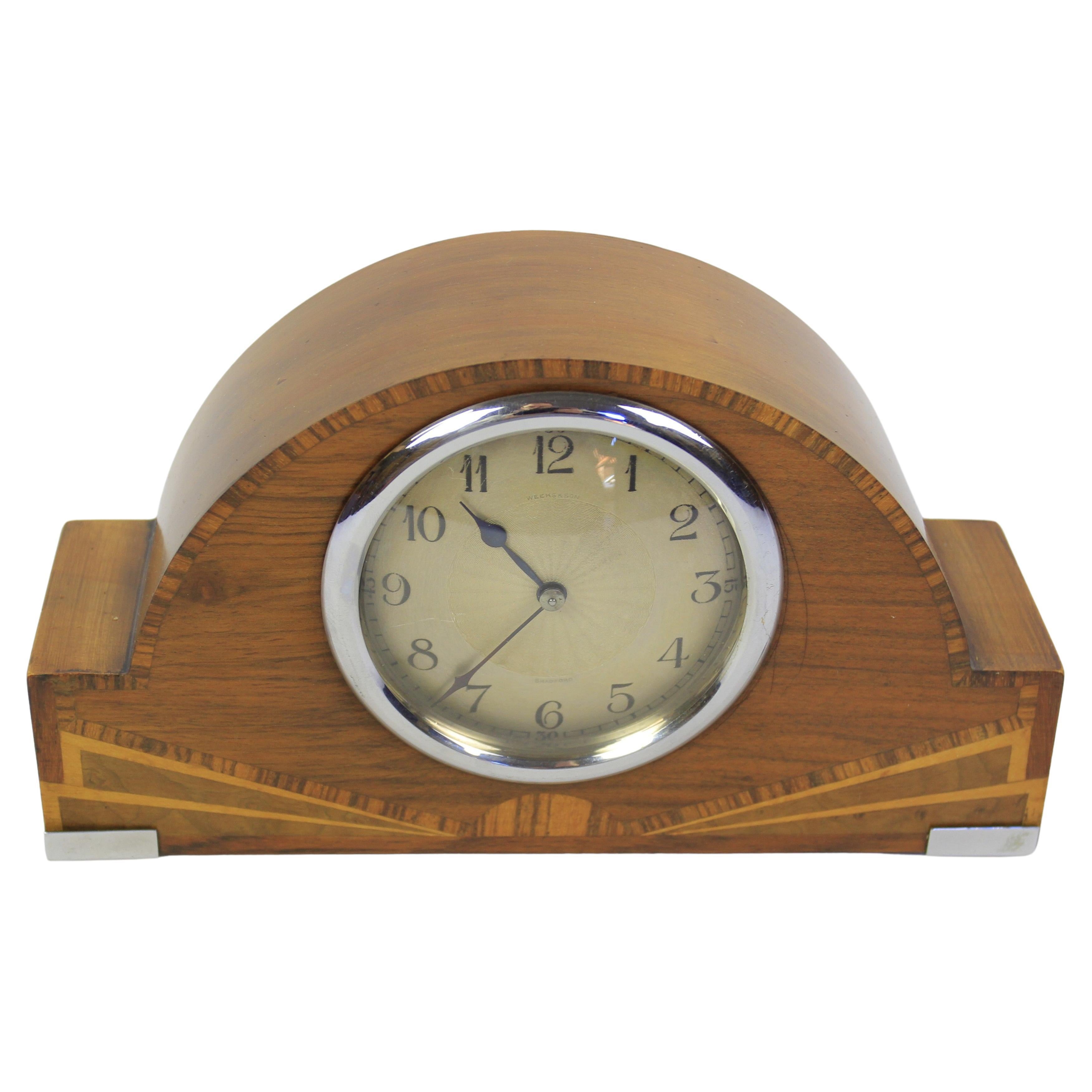 Art Deco Chrome & Walnut  inlaid Mantel clock  For Sale