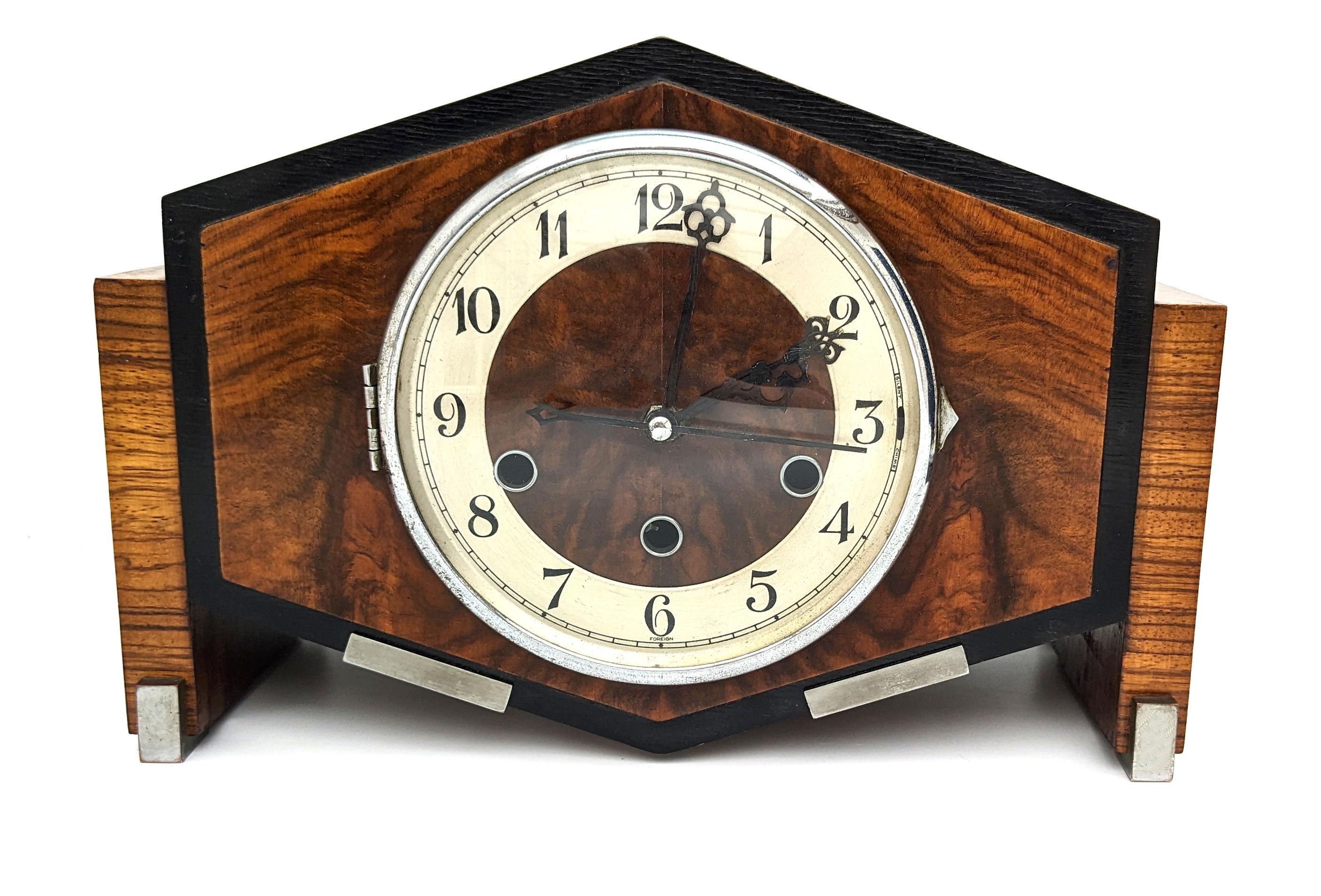 20th Century Art Deco Chrome & Walnut Mantle Clock, c1930 For Sale