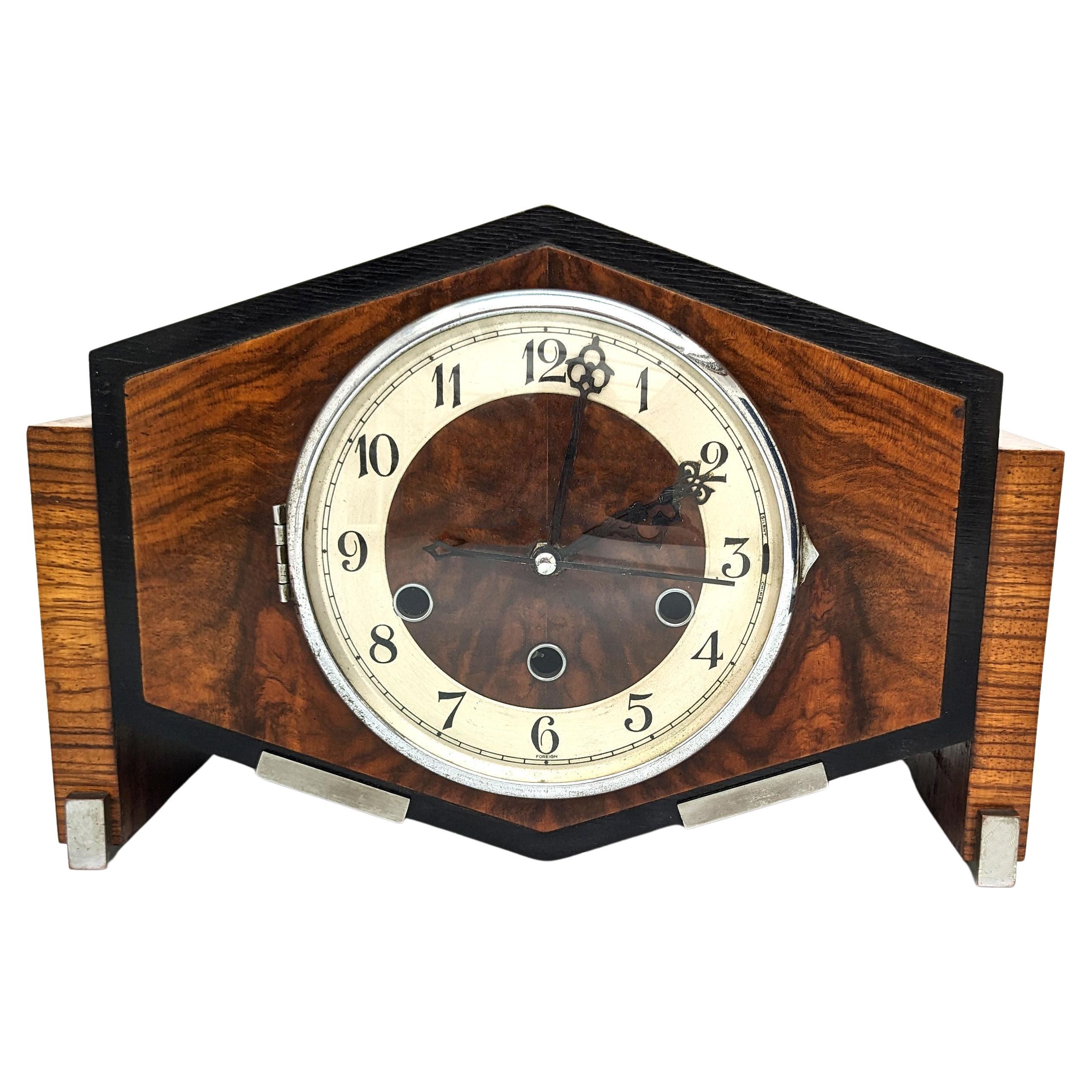 Art Deco Chrome & Walnut Mantle Clock, c1930 For Sale