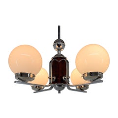 Antique Art Deco Chrome 
Wood Chandelier, Restored, Czechoslovakia