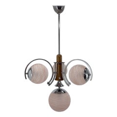 Antique Art Deco Chrome & Wood Chandelier, Restored, Czechoslovakia