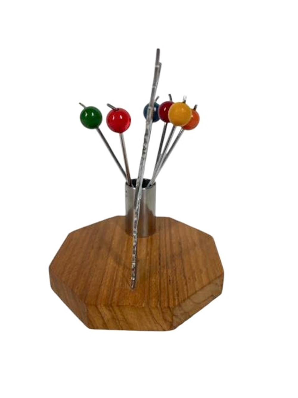 Juego de Cuchillos de Cromo y Madera Art Decó con Pájaro Aterrizando en un Árbol para Recoger Bayas Francés en venta