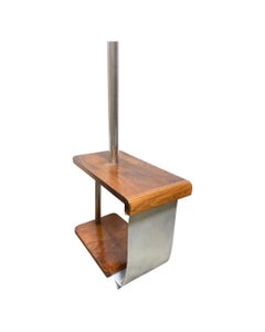 Art Deco Chrome & Wood Torchiere Floor Lamp End Table