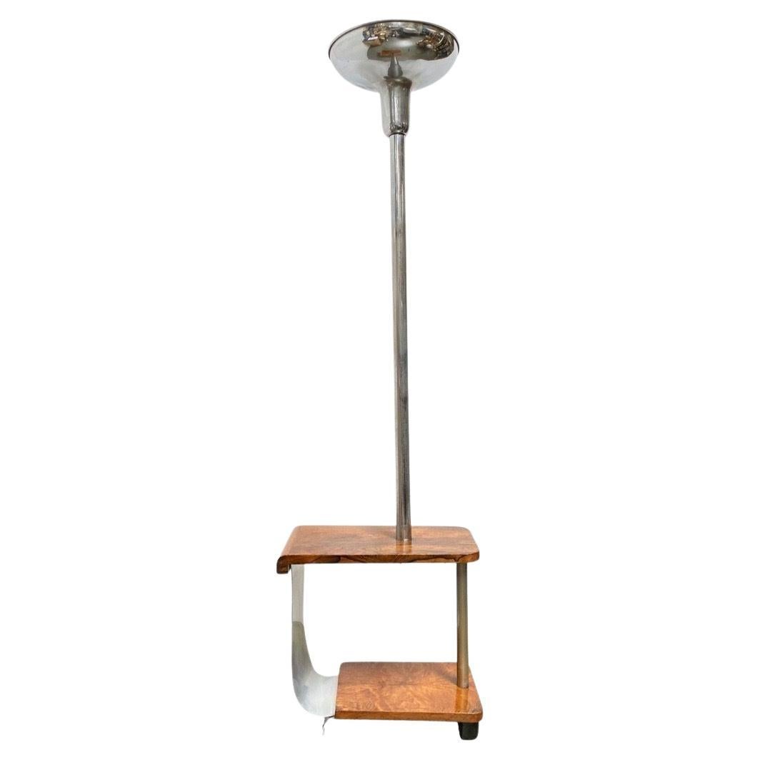 Art Deco Chrome & Wood Torchiere Floor Lamp End Table For Sale