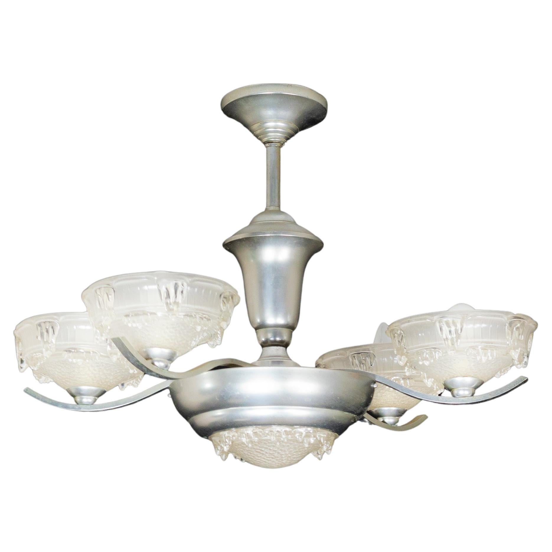 Art Deco Chromed Bistro Chandelier with Frosted Glass, Four Arms, 1930s