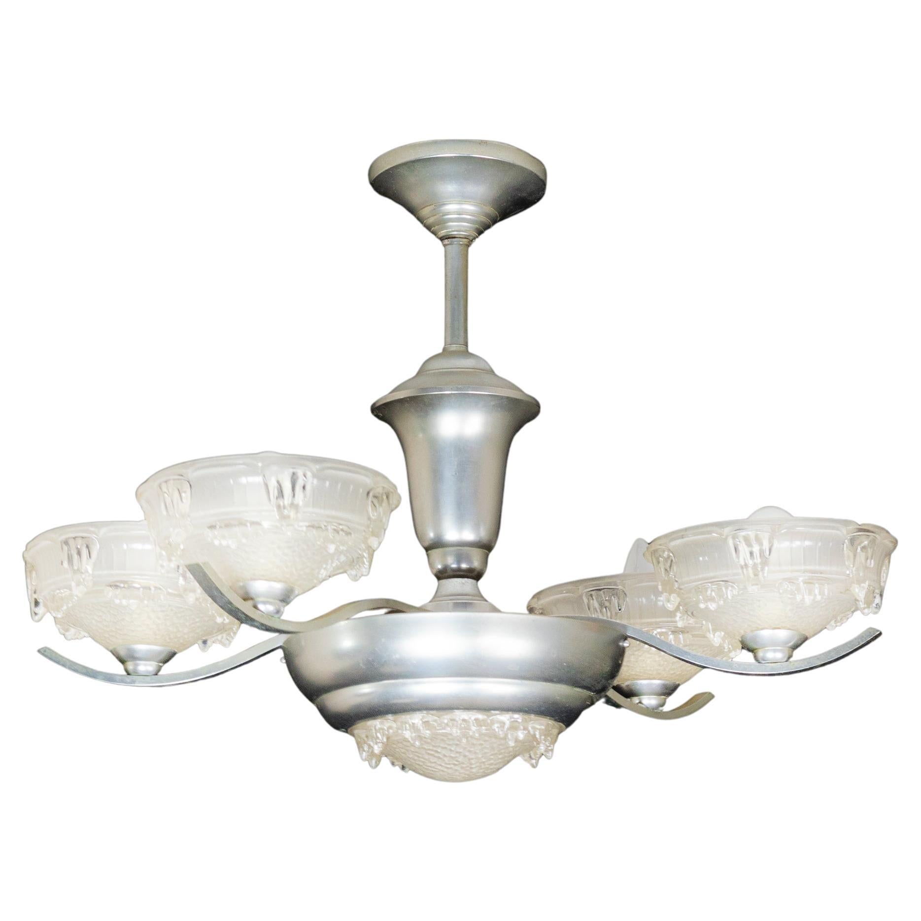 Lampadario Bistro Art Deco cromato con vetro smerigliato, quattro bracci, anni '30