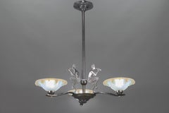 Art Deco Chromed Brass and Opalescent Ezan Style Glass Three-Light Chandelier